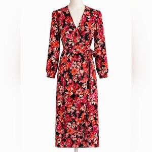 Chelsea28 Floral Wrap Midi Dress Long Sleeve V Neck Tie Waist